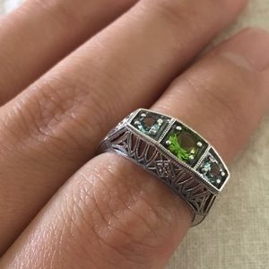 925 Artisan boho peridot & aquamarine ring size5.5
